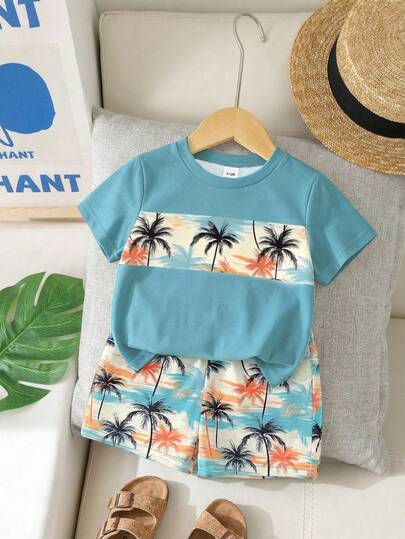 Set de 2 piezas de camiseta de manga corta de cuello redondo y pantalón corto de cintura elástica con estampado tropical de plantas y árboles de coco para bebés y niños pequeños, ropa de verano para bebé niño, conjunto de camiseta, atuendo de verano, adecuado para 6 meses a 3 años, estilo de vacaciones en la playa, casual