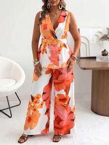 Ceyna Plus Size Women's Classic Retro Polka Dot Vest And Wide Leg Pants Set Summer Holiday Outfits - Orange - View 3