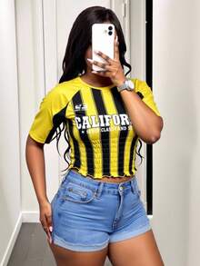 Mistrie Camiseta corta de mujer con estampado gráfico de bloques de color a rayas, estilo retro de jersey deportivo de verano - Amarillo - Ver 6