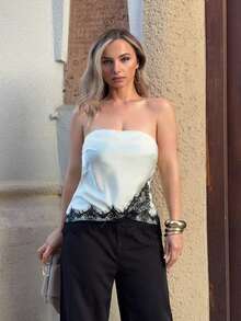 Jeta Ari Women's Summer Casual Fashion Beach Resort Matte Satin Lace Trim Bandeau Top Tube Top Summer Strapless Tops Lace Trim Top Long Tube Tops Tube Tops Women Laced Tops - Apricot - View 1