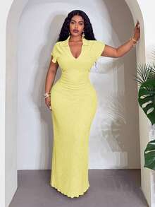 Slaydiva Plus Size Yellow Summer Smart Casual Vacation Polo Collar V-Neck Maxi Dress,Women's Boho Streetwear Wedding Guest Party,Bohemian Beach Cruise Dress - Yellow - View 1