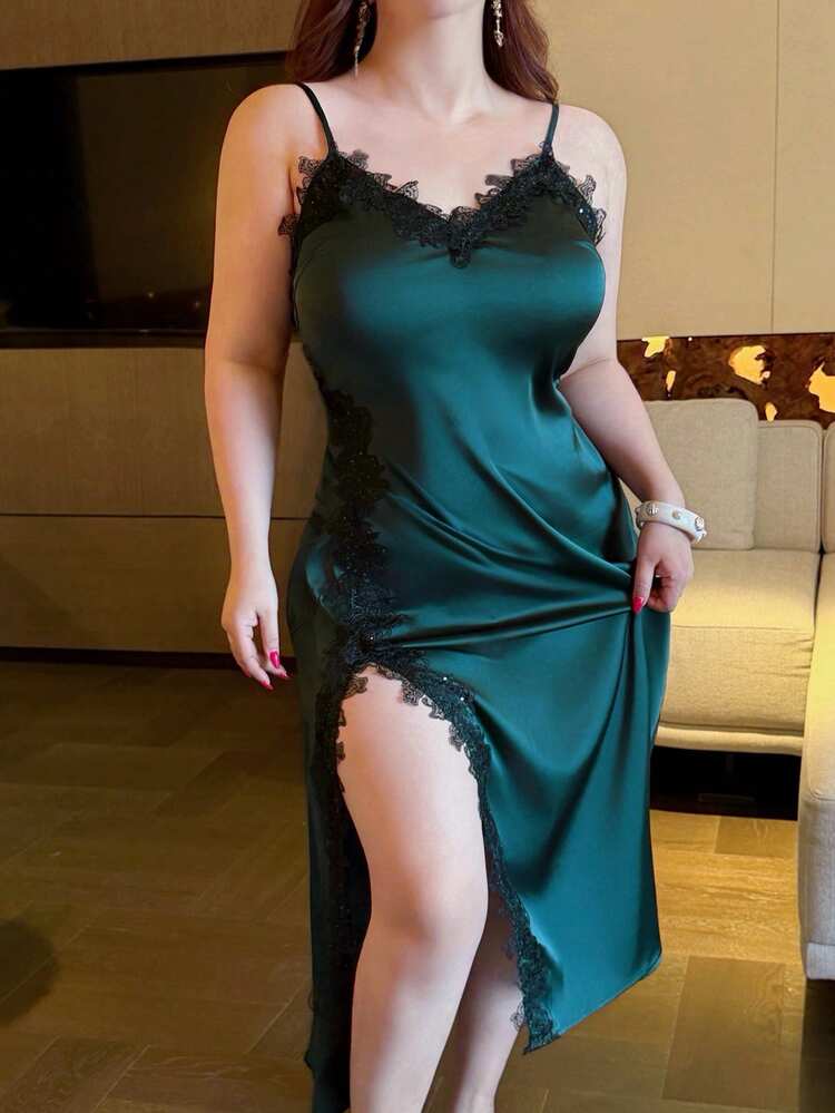 Dazy Plus Plus Size Women Satin Contrast Lace Hem Slit Cami Maxi Nightgown, Green Glamour Luster