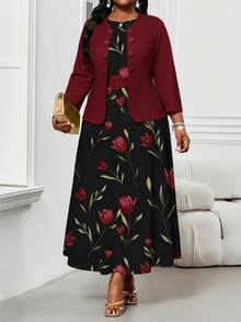SHEIN Lady Đầm tím đỏ thanh lịch, kín đáo, thích hợp mặc đi làm mùa thu đông; Bộ đồ đôi màu tím cỡ lớn, cổ tròn, sang trọng dành cho nữ; Trang phục đồng quê cho nữ; Đầm đồng quê cho nữ; Bộ đồ hai mảnh in họa tiết màu tím. - Đỏ - Xem 5