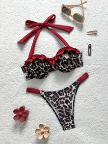 Soleia Women's Summer Vacation Beach Leopard Print Ruffled Halter Bikini Set - Multicolor - View 1