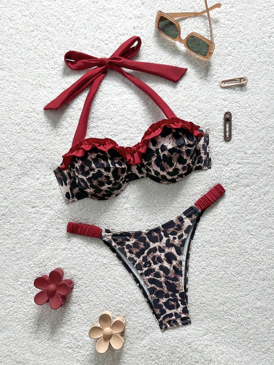 Soleia Women's Summer Vacation Beach Leopard Print Ruffled Halter Bikini Set - Multicolor - View 1