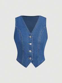 Sweetra Bộ đồ denim nữ thanh lịch, tôn dáng, kiểu dáng châu Âu và Mỹ, áo vest không tay và quần dài, mẫu mới mùa hè, dành cho nữ. - Rửa tối - Xem 8