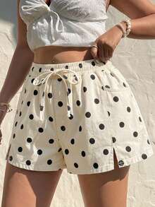 Sunnyshic Quần short denim chấm bi dáng rộng, cạp chun, buộc dây, thích hợp mặc mùa hè cho nữ. - Nhiều màu - Xem 4
