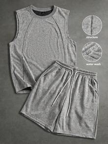 Manfinity CasualCool Bộ 2 món gồm áo tank top cổ tròn thoải mái và quần short cạp chun có dây rút dành cho nam, thích hợp cho kỳ nghỉ, tiệc tùng, đi chơi, thể thao, công sở. Bộ áo tank top và quần short kiểu Nhật cổ điển cho mùa xuân/hè, áo tank top thiết kế vạt cong, bộ đồ cổ điển được ưa chuộng, thích hợp để mặc hoặc làm quà tặng cho bạn bè. - Xám - Xem 3