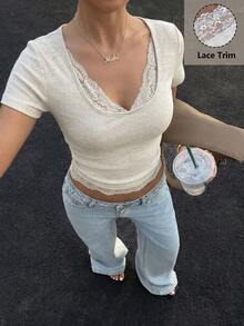 Lavishia Lace Patchwork Pleated Sexy Blouse, Suitable For Summer - Apricot - View 8