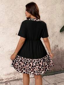 EMERY ROSE Plus Size Women's Brown Summer Elegant V-Neck Short Sleeve Leopard Print Chiffon Dress, Cinched Waist A-Line Hem Loose Fit Casual Vacation Wear Gym - Multicolor - View 2