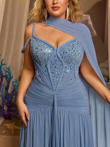 Glamrae Váy cỡ lớn thanh lịch, lãng mạn, thời trang màu xám xanh, chất liệu lưới co giãn, đính sequin, dáng ôm xương cá, cổ yếm xếp tầng, đuôi cá, dài thướt tha, phong cách thời thượng, hợp thời trang cho người nổi tiếng trên mạng, thích hợp cho kỳ nghỉ, du lịch, tiệc sinh nhật, đám cưới, dạ hội trang trọng. - Màu xanh lam - Xem 3