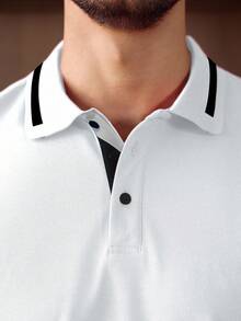 Manfinity Homme 男士對比色短袖休閒通勤 Polo 衫，正式款 - 白色 - 查看 3