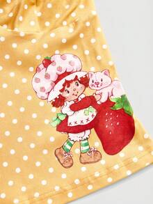 Strawberry Shortcake | ROMWE 女款波點卡通印花荷葉邊修飾休閒百搭日常穿搭細肩帶背心上衣 - 黃色 - 查看 4