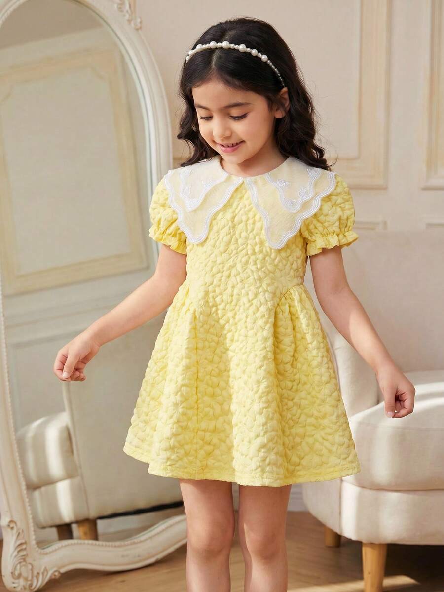 Souflis Souflis Baby Girl Contrast Mesh Embroidery Design Short Puff Sleeve Cute Dress - Yellow - View 1