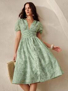 BELROSIE Women's Green Floral Summer Cottage Core Tea Party V-Neck Hollow Embroidery Puff Sleeve Midi Dress,Elegant Vintage Garden Vacation Beach Cardigan - Green - View 7