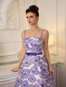 Poshira Đầm cocktail dây mảnh jacquard thanh lịch dành cho nữ - Màu Lilac Tím - Xem 6