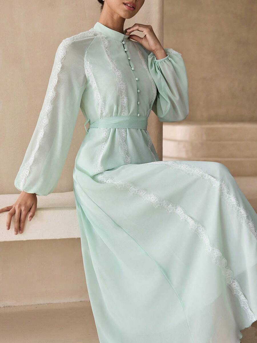 Graceveil Đầm ren xanh lá cây kiểu Ả Rập thời trang dành cho nữ, thắt eo. - màu xanh lá - Xem 1