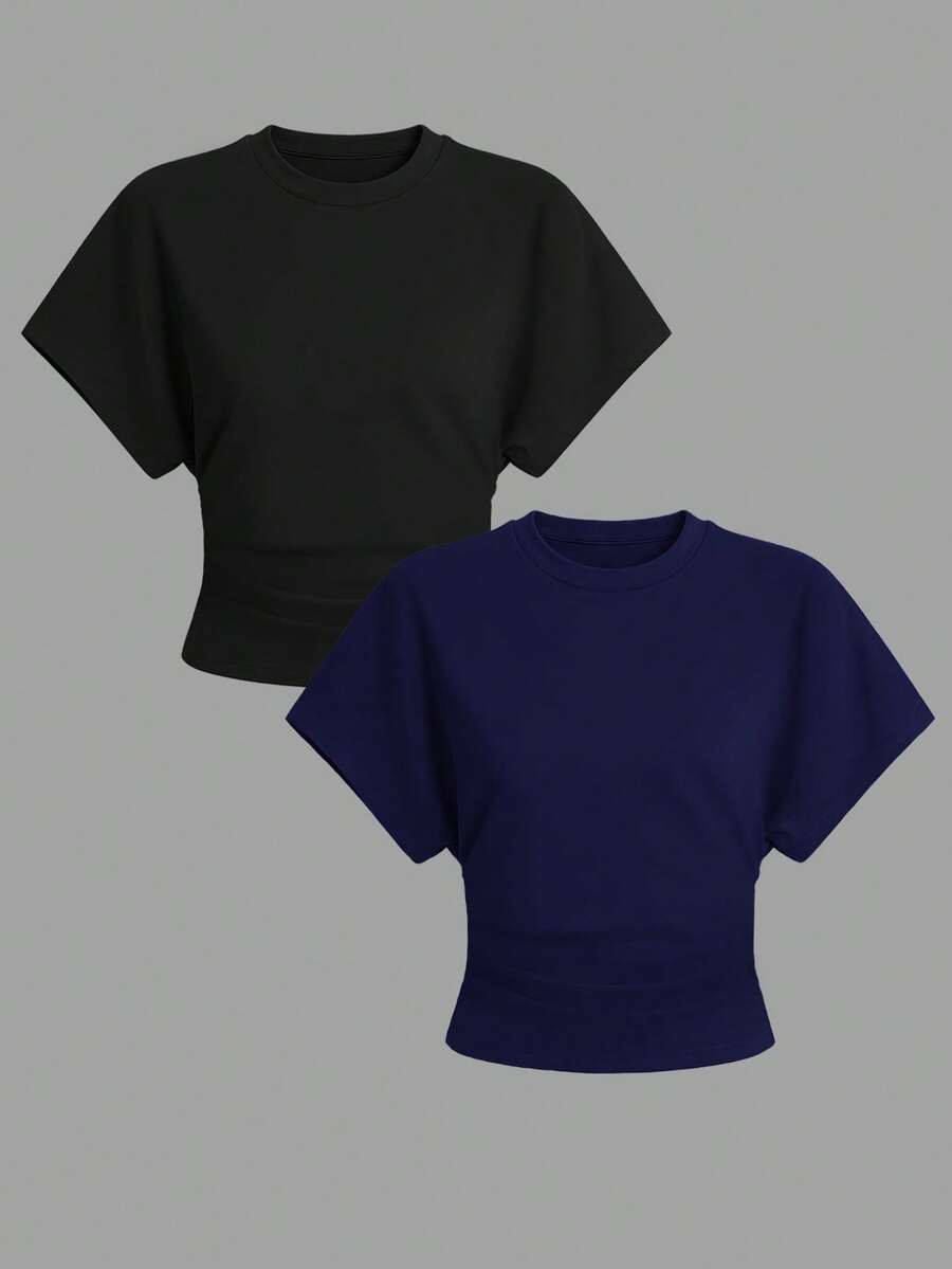 Airaco 2pcs Summer Casual Solid Color Batwing Sleeve T-Shirts - Multicolor - View 1