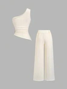 Sweetra 2pcs Spring/Summer New Solid Color Set: Spaghetti Strap Metal Buckle Crop Top + Casual Wide Leg Slimming Pants - Apricot - View 2