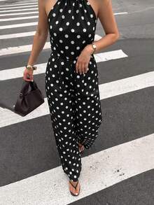 Firerie Women's Elegant Daily Commute Brunch Fashion New Vacation Versatile Halter Black White Polka Dot Backless High Waist Wide Leg Jumpsuit, Summer - Black and White - View 4