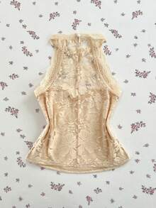 SHEIN Unity Elegant Solid Color Lace Halter Top, Summer Party Beige - Black - View 2