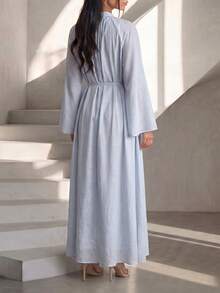 Veilorie Women's Solid Color Tie Neck Raglan Sleeve Arabic Style Dress Summer Modest - Blue - View 3