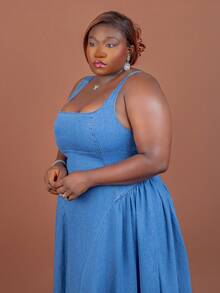 CurvyTilda Plus Size Women's Square Neck Ruffle Denim Sleeveless Dress, For Hourglass Body Shape - Blue - View 5