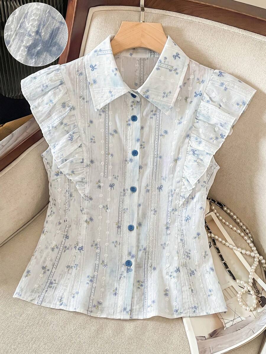 Modelyn Women's Digital Print Floral Ruffle Sleeve Blouse, Fashionable Age-Reducing, Spring/Summer Tea Party Date White And Blue Floral Elegant Cutesy - Multicolor - View 1