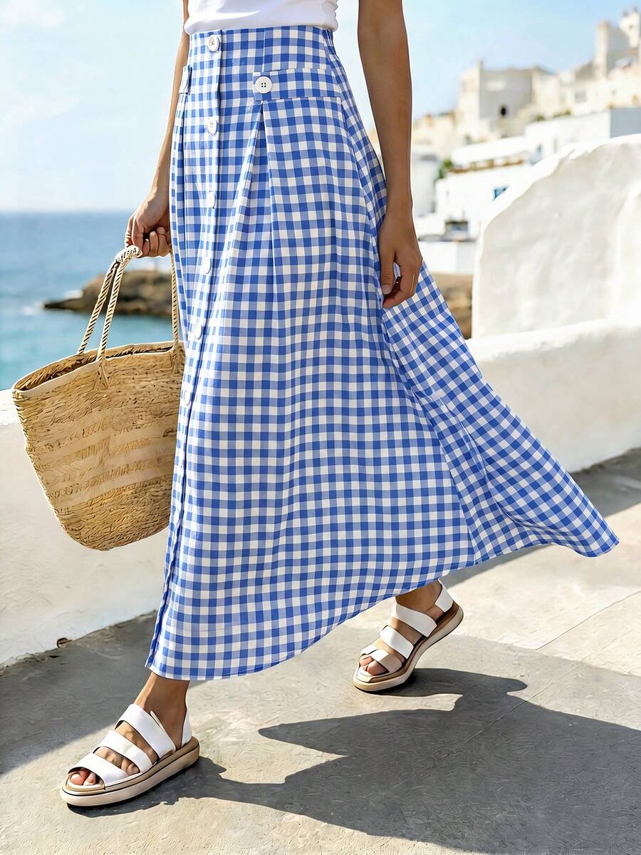 SHEIN Holidaya 女士格子休闲百搭约会旅行迷你裙 - 藍白色 - 查看 1