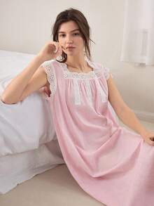 Ocili 100% Cotton Soft & Comfortable Ruffled Bowknot Nightgown Sleepwear For Women - Pink - View 3