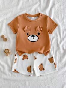 SHEIN Vintaside Kids 男婴两件套服装，卡通熊图案领短袖开衫和熊印花短裤，男婴衬衫短裤套装，罗纹面料套装，男婴服装套装，夏季小熊宝宝套装 - 棕色 - 查看 4
