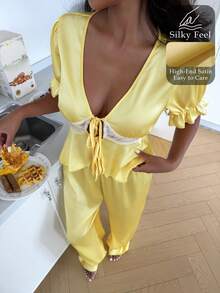 Livesso Women's Comfortable Casual Satin & Lace Patchwork Tie Cuff Blouse And Loose Pants Pajama Set Summer - Yellow - View 3