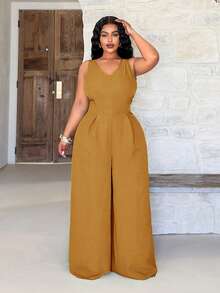 Veslaya Plus Size Women's Mustard Yellow V-Neck Sleeveless Wide Leg Jumpsuit,Summer Smart Casual Party Elegant For Music Festivals,Vacations,Beach,Weddings - Yellow - View 8