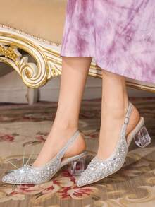 CUCCOO TILAWA Women's Crystal And Glass Rhinestone Pointed Silver Women's High-Heeled Shoes, Suitable For Going Out, Banquets, Parties And Other Activities - Silver - View 3