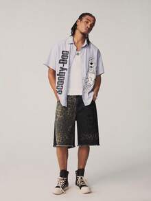 SCOOBY-DOO X SHEIN Men's Leopard Print Patchwork Casual Versatile Daily Wear Denim Shorts - Black - View 3