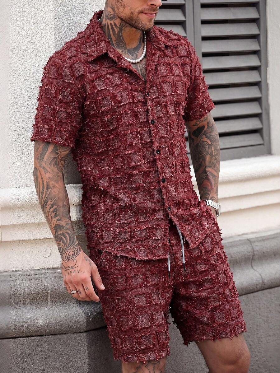 Manfinity Homme Men's Fashion Frayed Single-Breasted Short Sleeve Shirt And Drawstring Waist Pocket Shorts Set - Burgundy - View 1