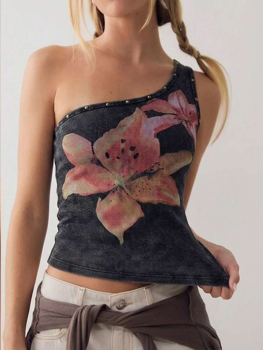 SHEIN BohoFeels BOHO Women's Summer Casual Floral-Printed, Slim-Fit Washed Tank Top, Perfect For Summer Holiday - Black - View 1