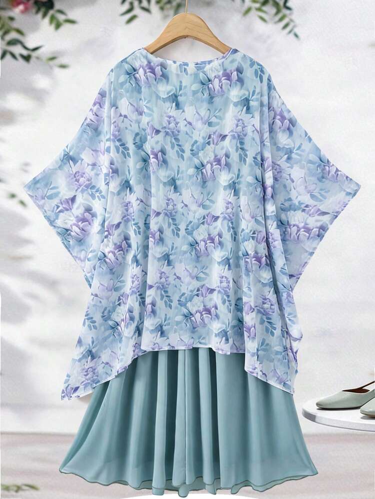 Plus Size Women Floral Print Open Front Robe And Dress Elegant 2 Pieces Set Summer Outfit For Women Beach Outfit For Women