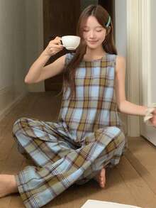 Livesso Women's Plaid Vest And Pants Pajama Set - Purple - View 3
