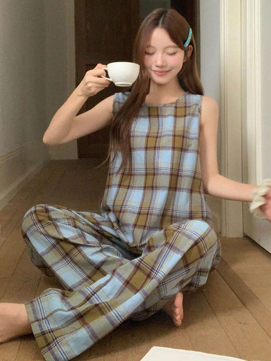 Livesso 女士格子背心和裤子睡衣套装 - 紫色 - 查看 1