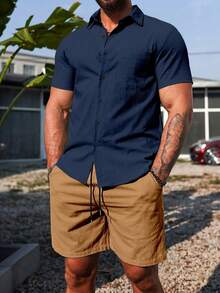 Manfinity Homme Conjunto de camisa de manga corta con botones y pantalones cortos de unicolor casual de verano para hombres - Multicolor - Ver 4