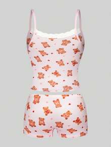 1 Set Tween Girls Cute Winter Nighties Pink And White Cartoon Bear Underwear Set Featuring Scoop Neck Cami Top With Ruffle Trim And Matching Boy Shorts - Multicolor - View 2