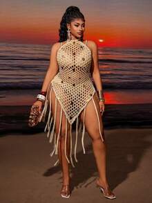 Maweii Women's White Sequin Summer Boho Sexy Elegant Vacation Holiday Halter Backless Hollow Sequin Decor Tassel Hem Fitted Plus Size Sweater Beach Dress - Multicolor - View 6