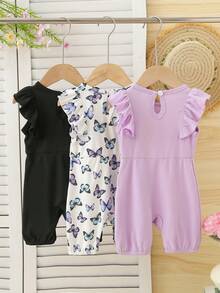SHEIN 3件套女婴碎花荷叶袖连体衣套装，夏季休闲舒适可爱连体裤，适合户外或室内穿着的百搭服装 - 彩色 - 查看 2