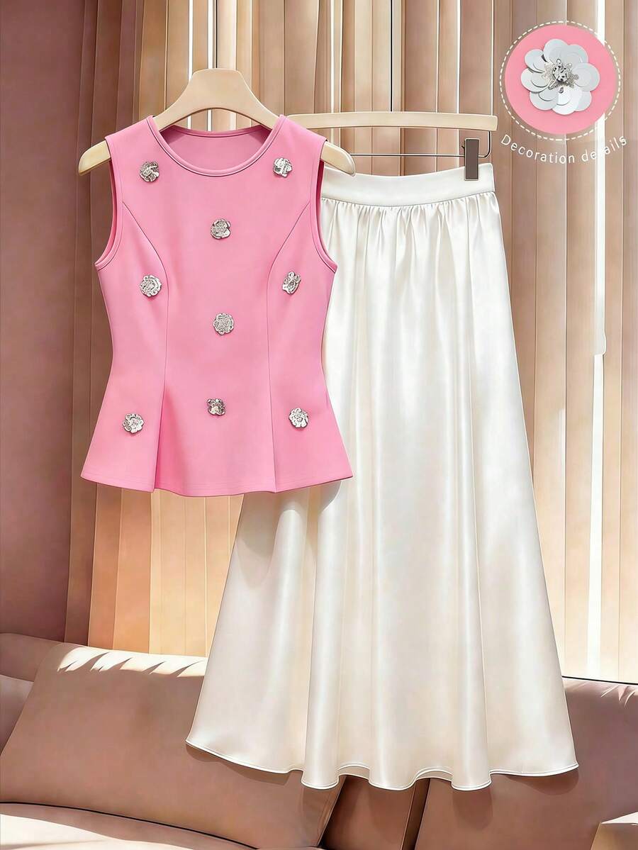 SHEIN LUNE 女款黑色無袖花卉裝飾荷葉邊上衣 + 白色A字中長裙,休閒日常穿搭,派對、通勤、約會,2件套 - 彩色 - 查看 1