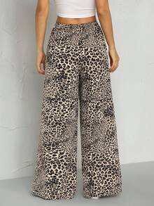 SHEIN PETITE Pantalones largos con cordón y estampado de leopardo para mujer - Marrón - Ver 2
