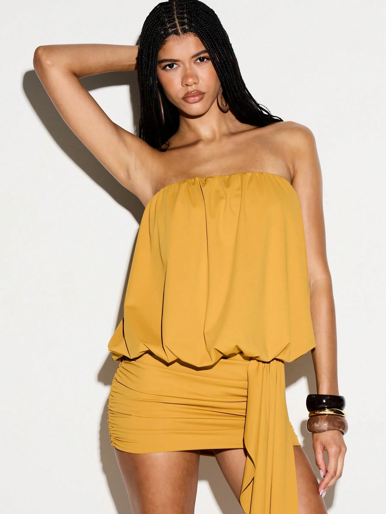 Strapless Ruched Bodycon Mini Dress With Side Drape