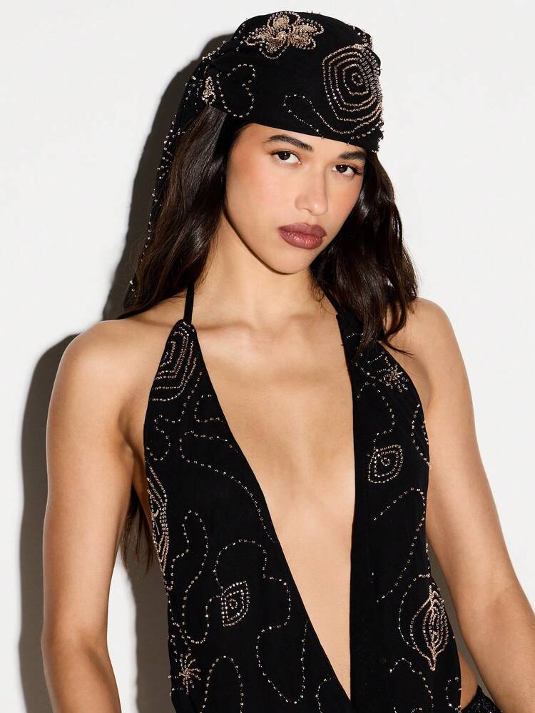 Beaded Cowl Neck Crop Top With Headscarf