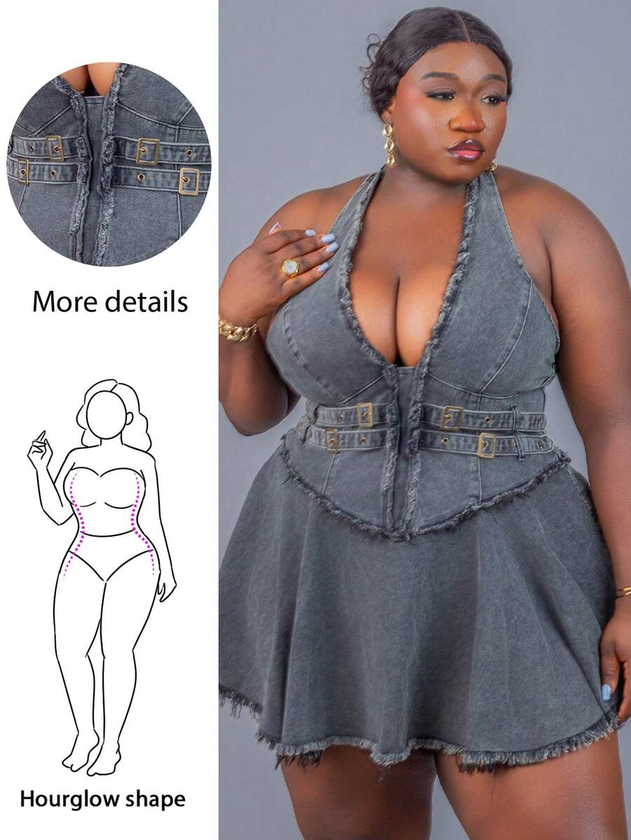 CurvyTilda Vestido vaquero mini con hombros descubiertos, dobladillo con volantes, lavado desgastado y desgarrado en estilo Y2K para mujeres de talla grande - Gris - Ver 1