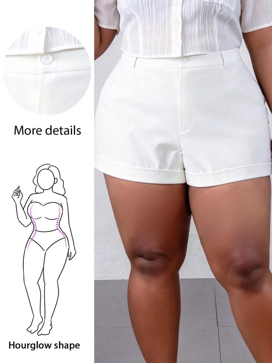 CurvyTilda Pantalones cortos holgados de talle alto con bolsillos y dobladillo acampanado para mujeres de talla grande, para silueta de reloj de arena - Blanco - Ver 1